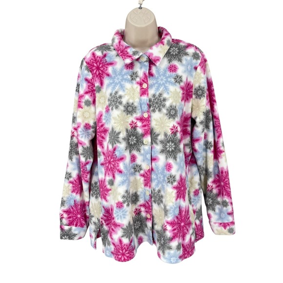Denim & Co. Fleece Shirt Women Preppy Cozy Button Front Snowflake Winter Size L - Picture 1 of 9